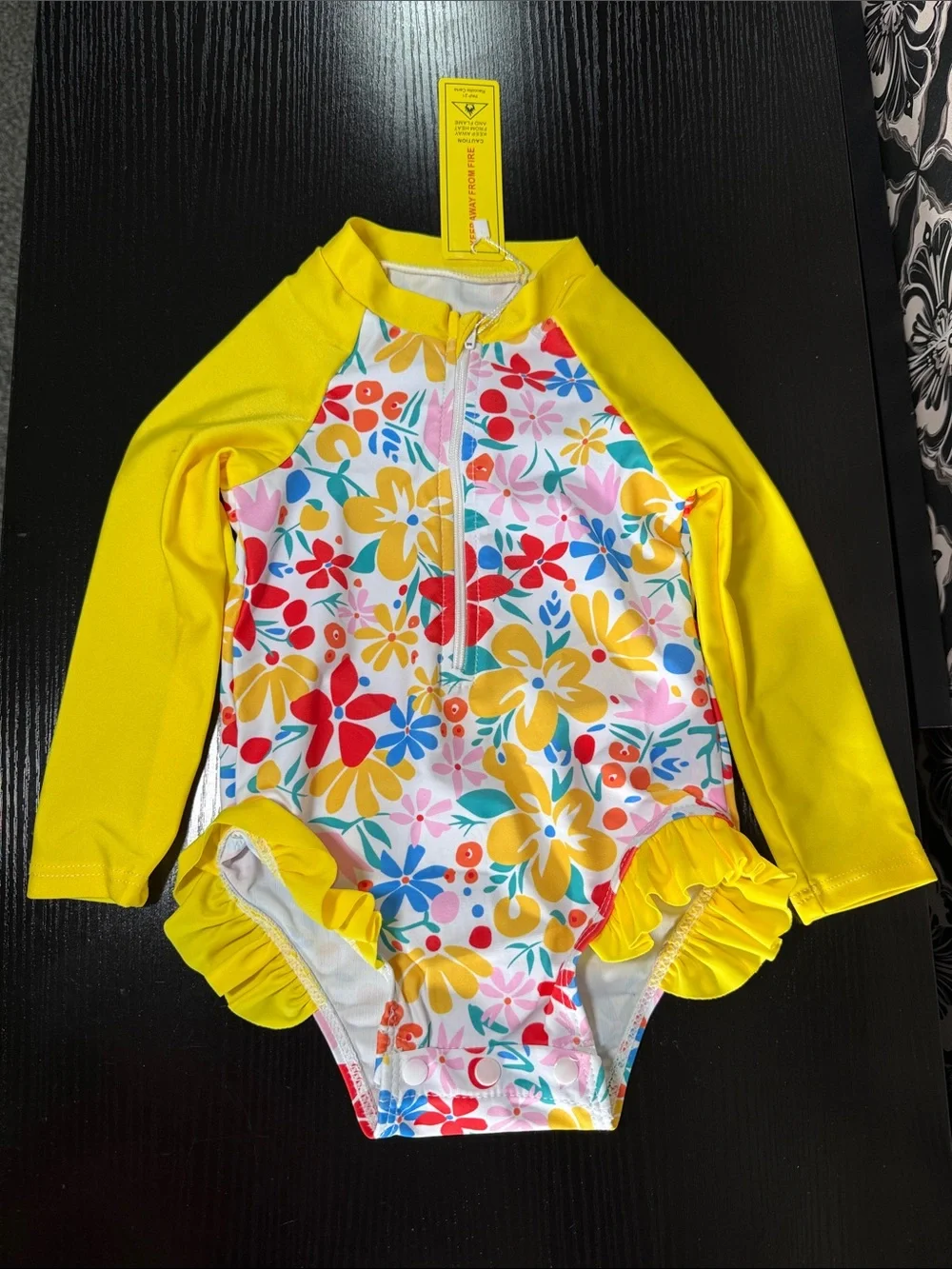 Girl’s Yellow Floral Long-Sleeve Rashguard One-Piece Swimsuit for Kids